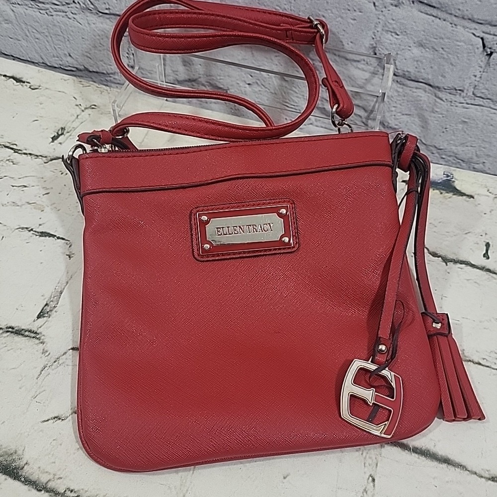 Ellen Tracy Saffiano Red Faux Leather Purse Crossbody Bag